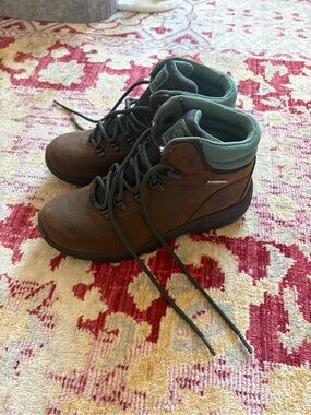 Timberland Brown Leather Hiking Boots with Green Collar